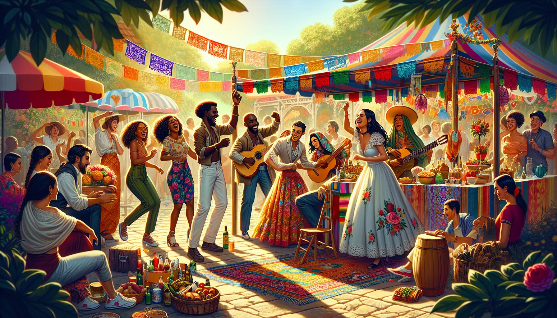 diverse group celebrating mtkastka with music and traditional attire.